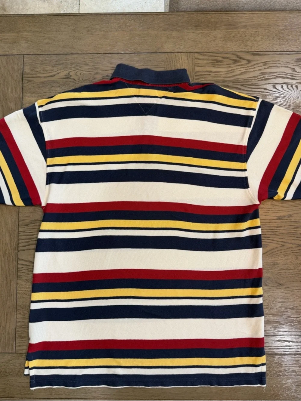 Vintage 90s Y2K Tommy Hilfiger Navy, Red, Yellow & White Striped Polo Crest Logo - Picture 3 of 4